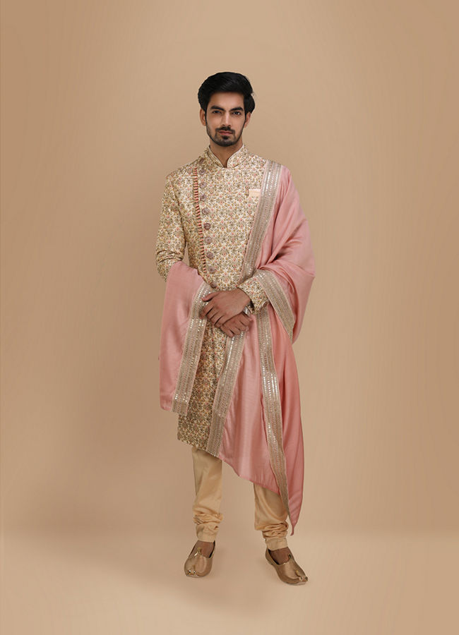 alt message - Manyavar Men Aesthetic Fawn Patterned Sherwani Set image number 1